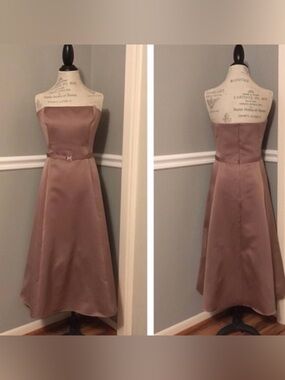 Michaelangelo Strapless Taupe Satin A-Line Gown